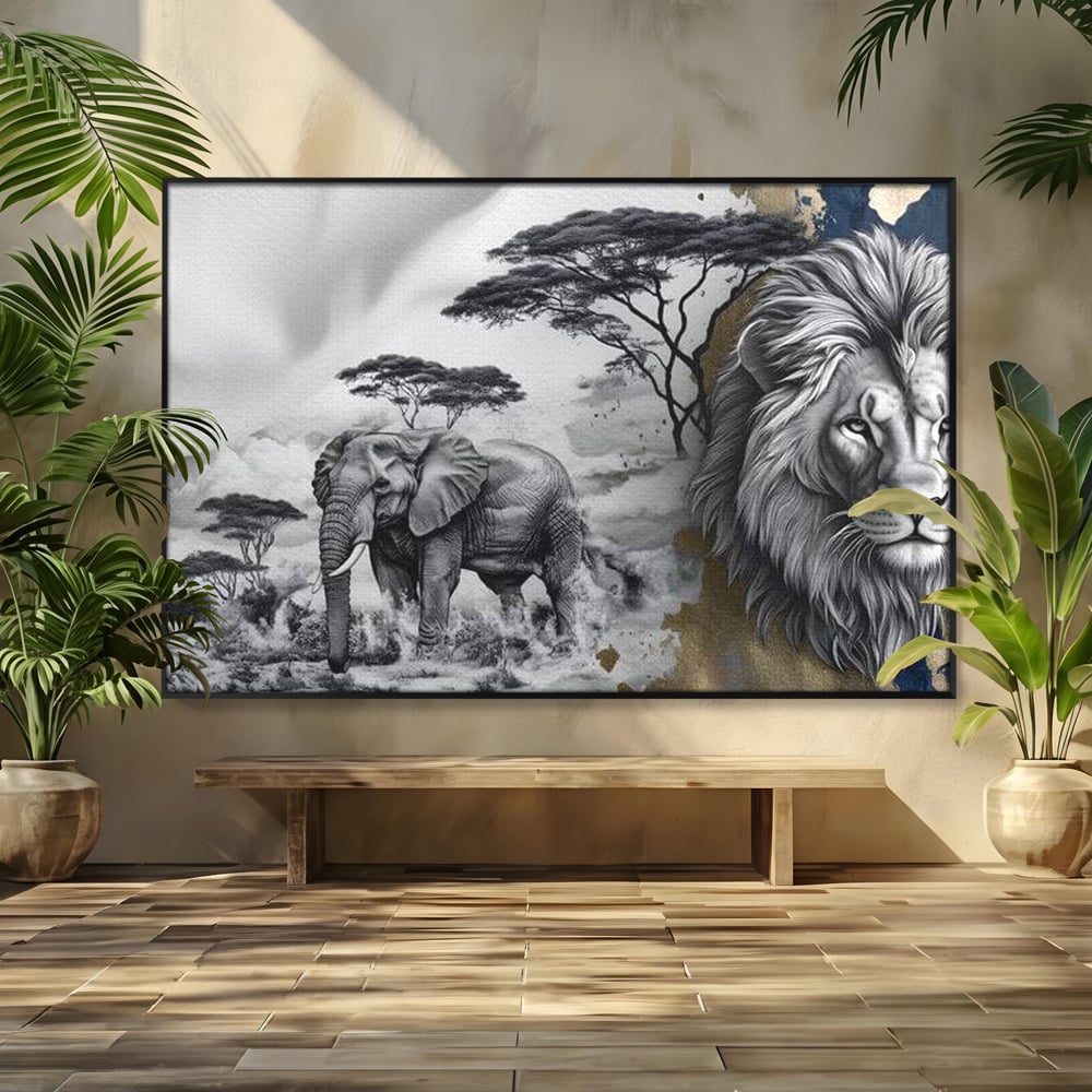 Tablou canvas cu tablou canvas cu leu si elefant, in rama de aluminiu negru